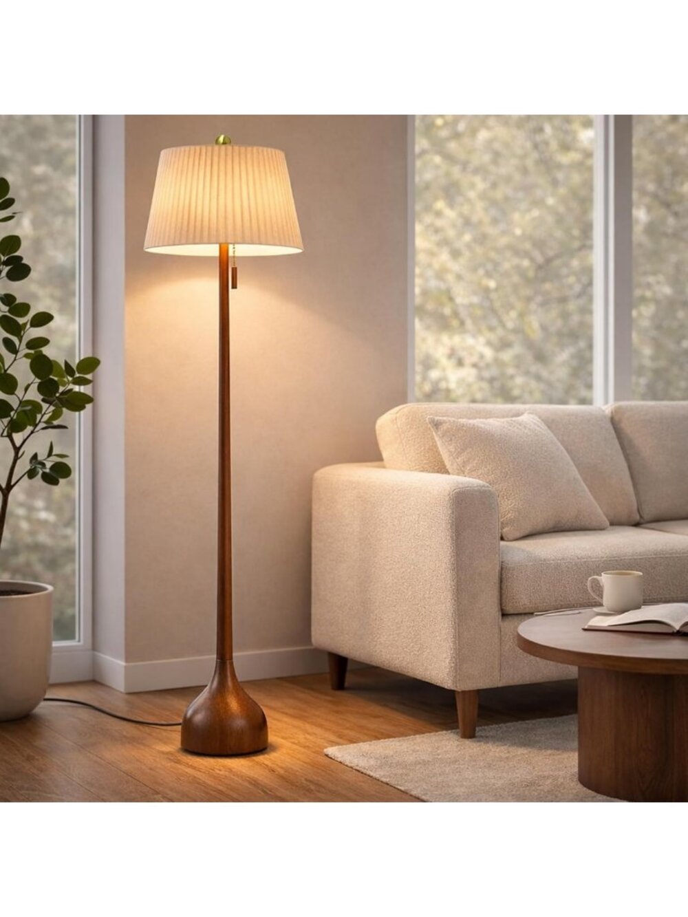 Stylish Mid Century Modern Real Wood Floor Lamp with Dual Shades for Versatile